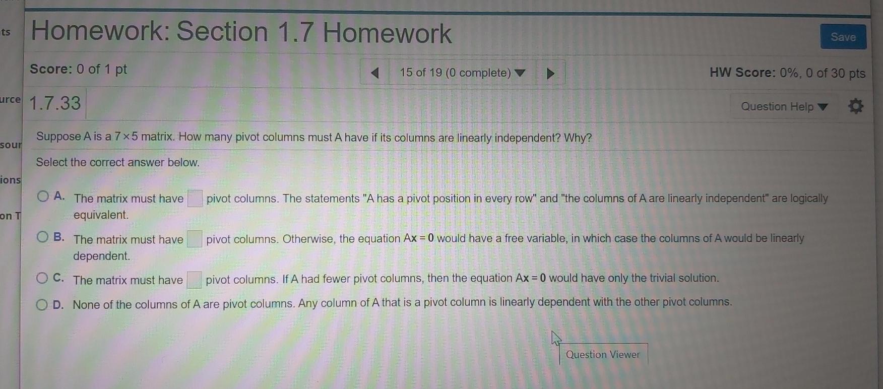 Solved ts Homework: Section 1.7 Homework Save Score: 0 of 1 | Chegg.com