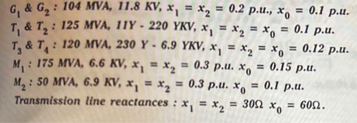 \( G_{1} \& G_{2}: 104 \mathrm{MVA}, 11.8 \mathrm{KV}, x_{1}=x_{2}=0.2 \) p.u., \( x_{0}=0.1 \) p.u.
\( T_{1} \& T_{2}: 125 \