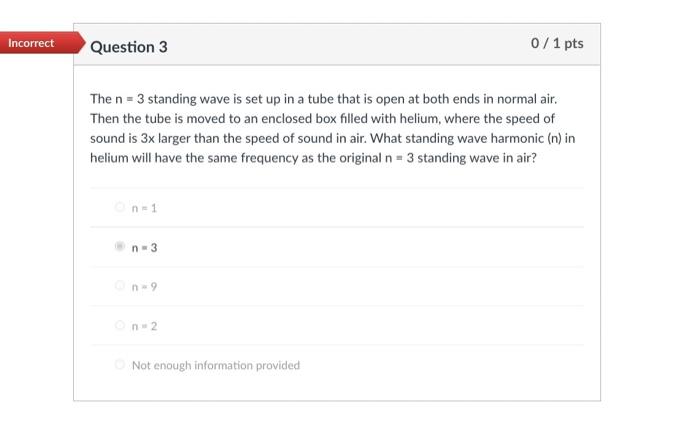 Solved Incorrect Question 3 0/1 pts The n = 3 standing wave | Chegg.com