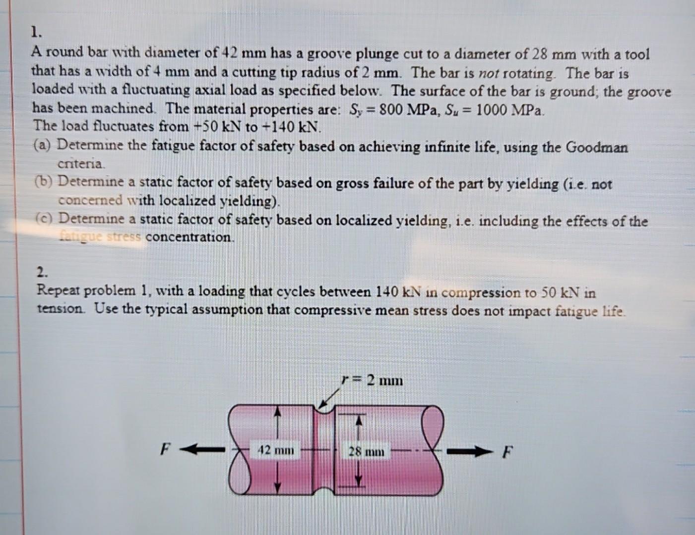 Solved 1. A round bar with diameter of 42 mm has a groove | Chegg.com