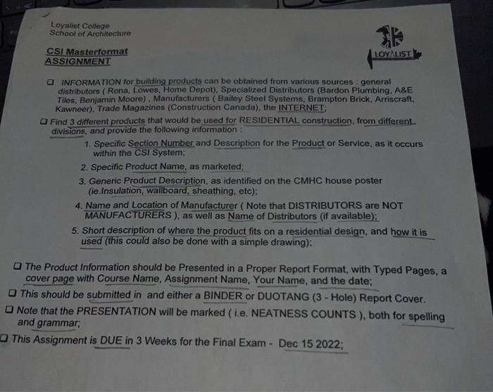 Csi Masterformat Assignment Q Information For Chegg