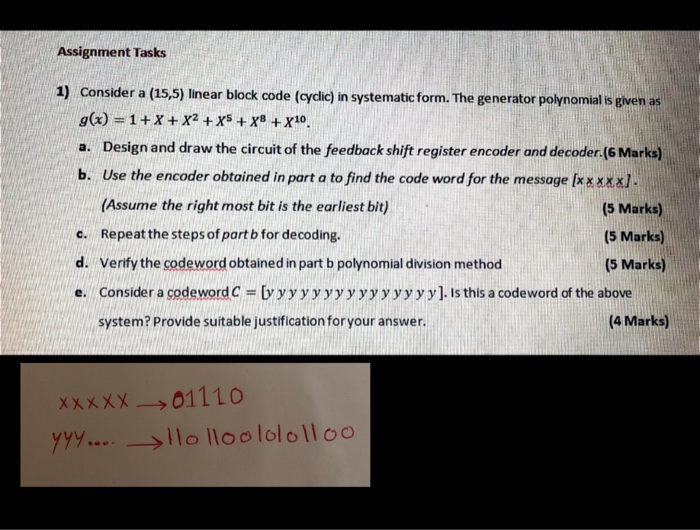 Assignment Tasks 1) Consider a (15,5) linear block | Chegg.com