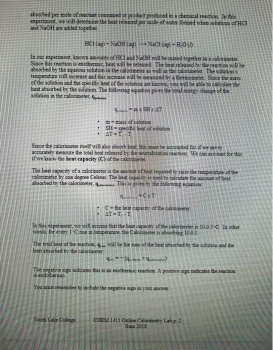 Chem 1212k Lab Experiment 1 Calorimetry Experiment 1
