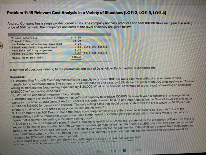 Solved Problem 11-18 Relevant Cost Analysis In A Variety Of | Chegg.com