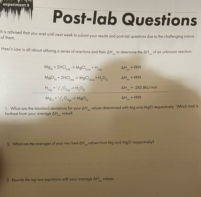 experiment 9 Post-lab Questions uvised that you wait | Chegg.com