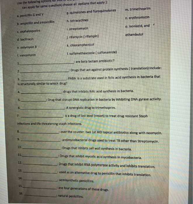 Solved M Trimethoprim Use The Following Options Can Appl Chegg Com