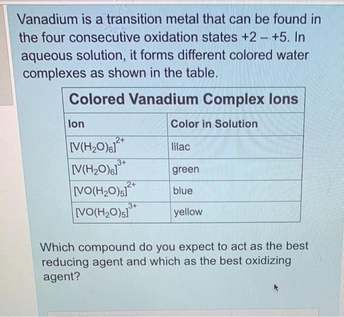 Solved Vanadium is a transition metal that can be found in