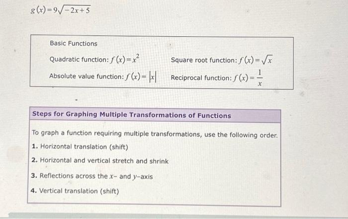 Solved g(x)=9√-2x+5 Basic Functions Quadratic function: | Chegg.com