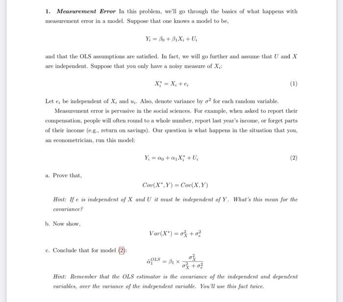 Solved 1. Measurement Error In This Problem, We'll Go | Chegg.com