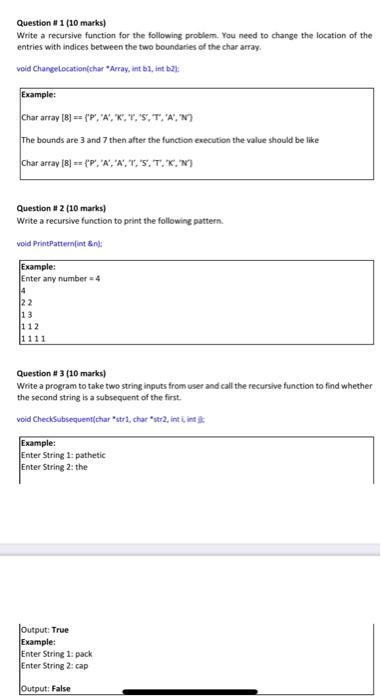 Question #1 (10 marks) Write a recursive function for | Chegg.com