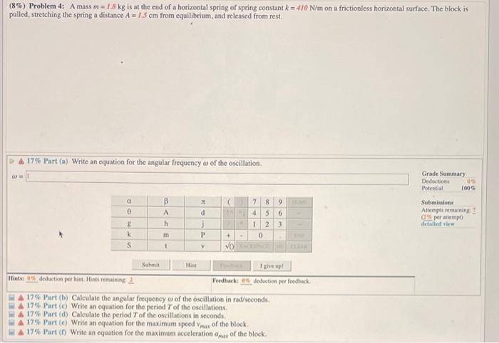 Solved K +Xl+) K FH) llll LET M= 1 kg (= 0.4 kg/s, k= 8 N/M