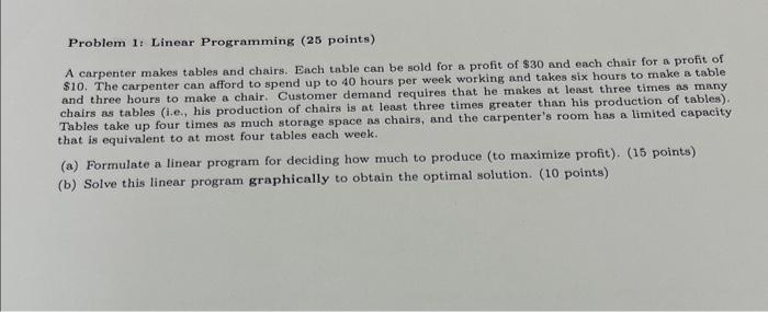 Problem 1: Linear Programming (25 points) A carpenter | Chegg.com