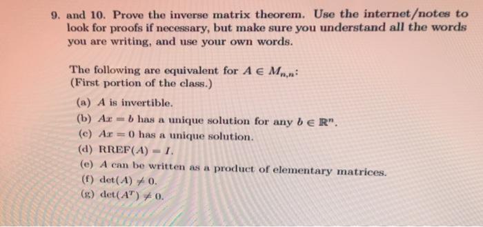 Solved 9. and 10. Prove the inverse matrix theorem. Use the | Chegg.com