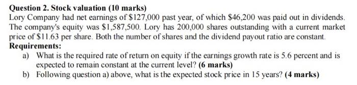 Solved Question 2. Stock valuation (10 marks) Lory Company | Chegg.com