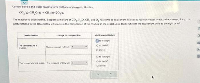 Carbon dioxide and water react to form methane and oxygen, like this:
\[
\mathrm{CO}_{2}(g)+2 \mathrm{H}_{2} \mathrm{O}(g) \r