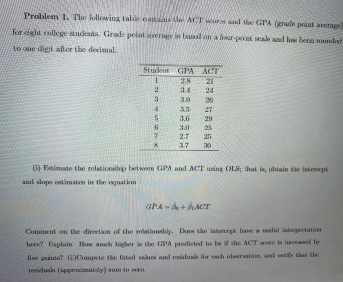 Solved Problem 1. The following table contains the ACT | Chegg.com