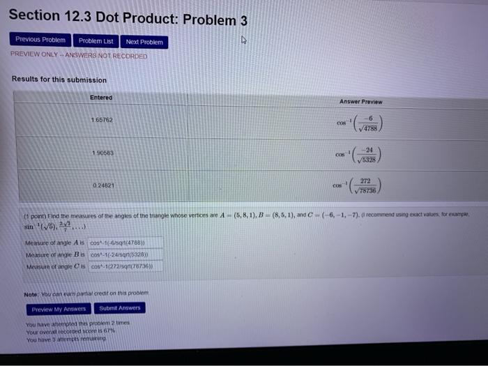 Solved Section 12.3 Dot Product: Problem 3 Previous Problem | Chegg.com