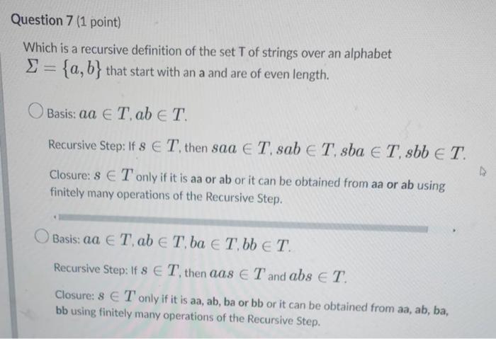 Solved Question 7 (1 Point) Which Is A Recursive Definition | Chegg.com