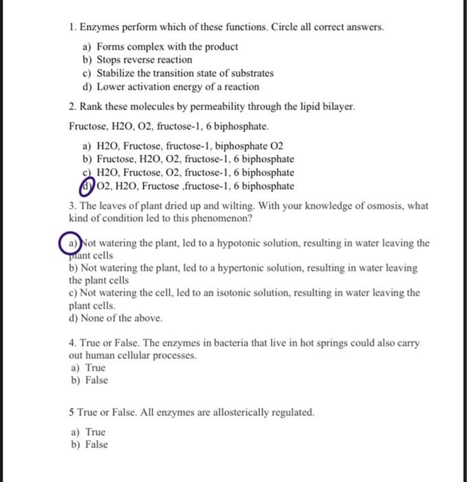 Solved 1. Enzymes perform which of these functions. Circle
