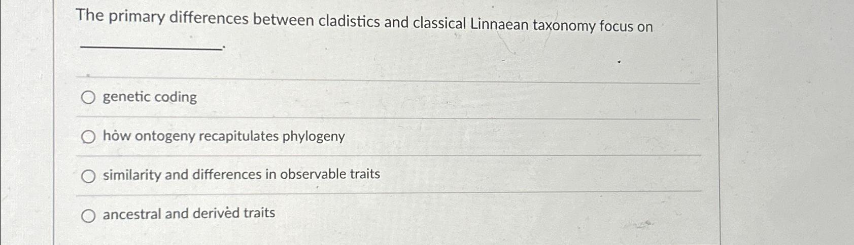 Solved The primary differences between cladistics and | Chegg.com