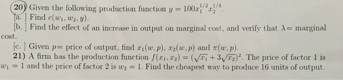 Solved (20) Given the following production function y = | Chegg.com