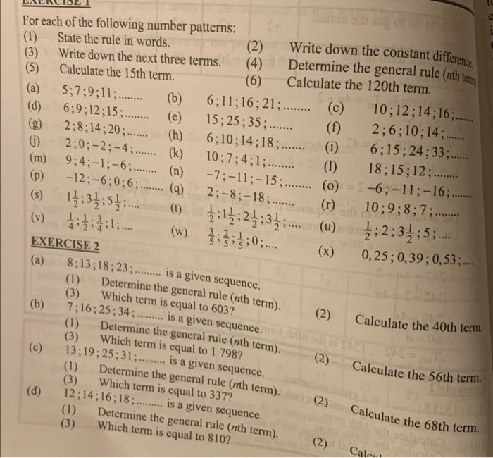 Solved For each of the following number patterns: (1) State | Chegg.com