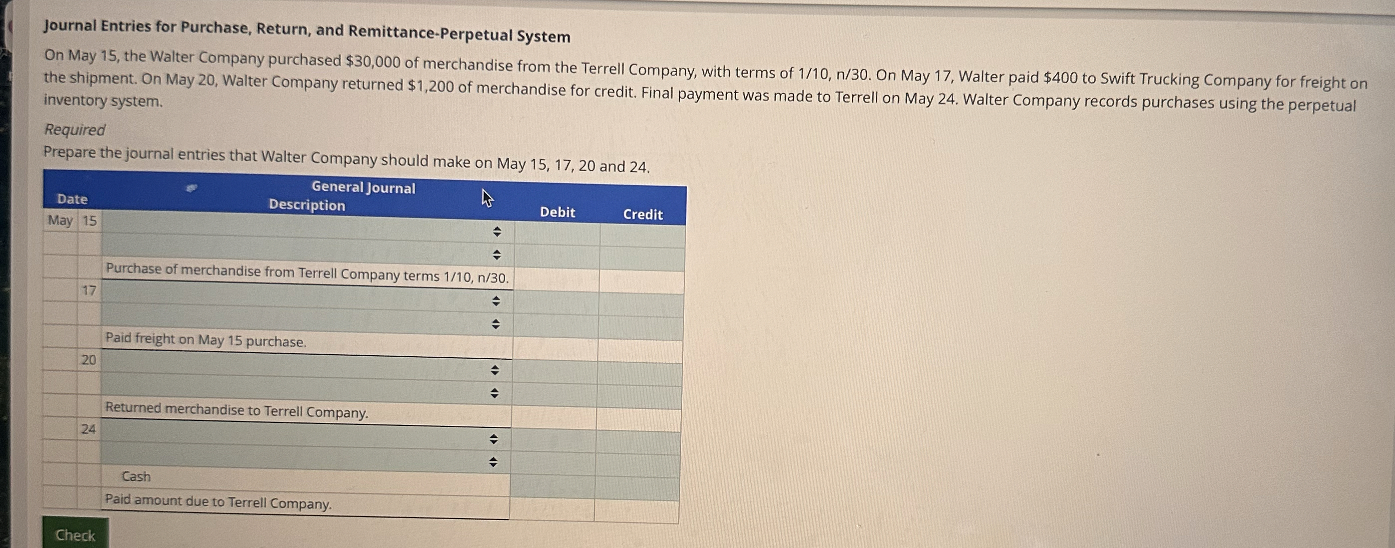 Solved Journal Entries for Purchase, Return, and
