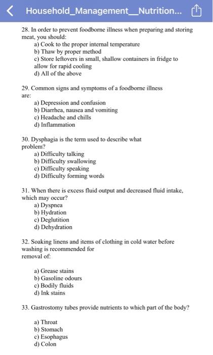 Household_Management_Nutrition... are: 28. In order to prevent foodborne illness when preparing and storing meat, you should: