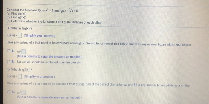 Solved Consider the functions f(x)=x2-6 and g(x) = x+6. (a) | Chegg.com