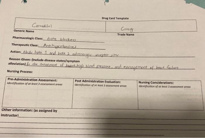 Solved Drug Card Template Coreg Trade Name Pharmacologic | Chegg.com