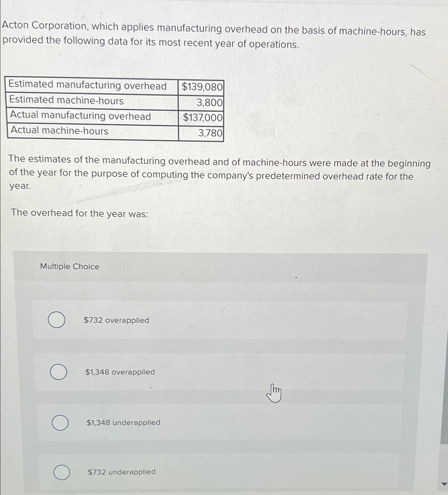 Solved Acton Corporation, which applies manufacturing