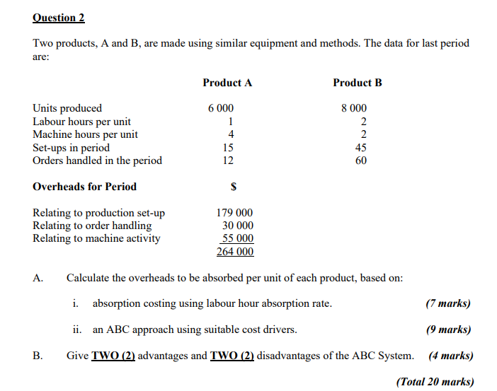 Solved Question 2 Two Products, A And B, Are Made Using | Chegg.com