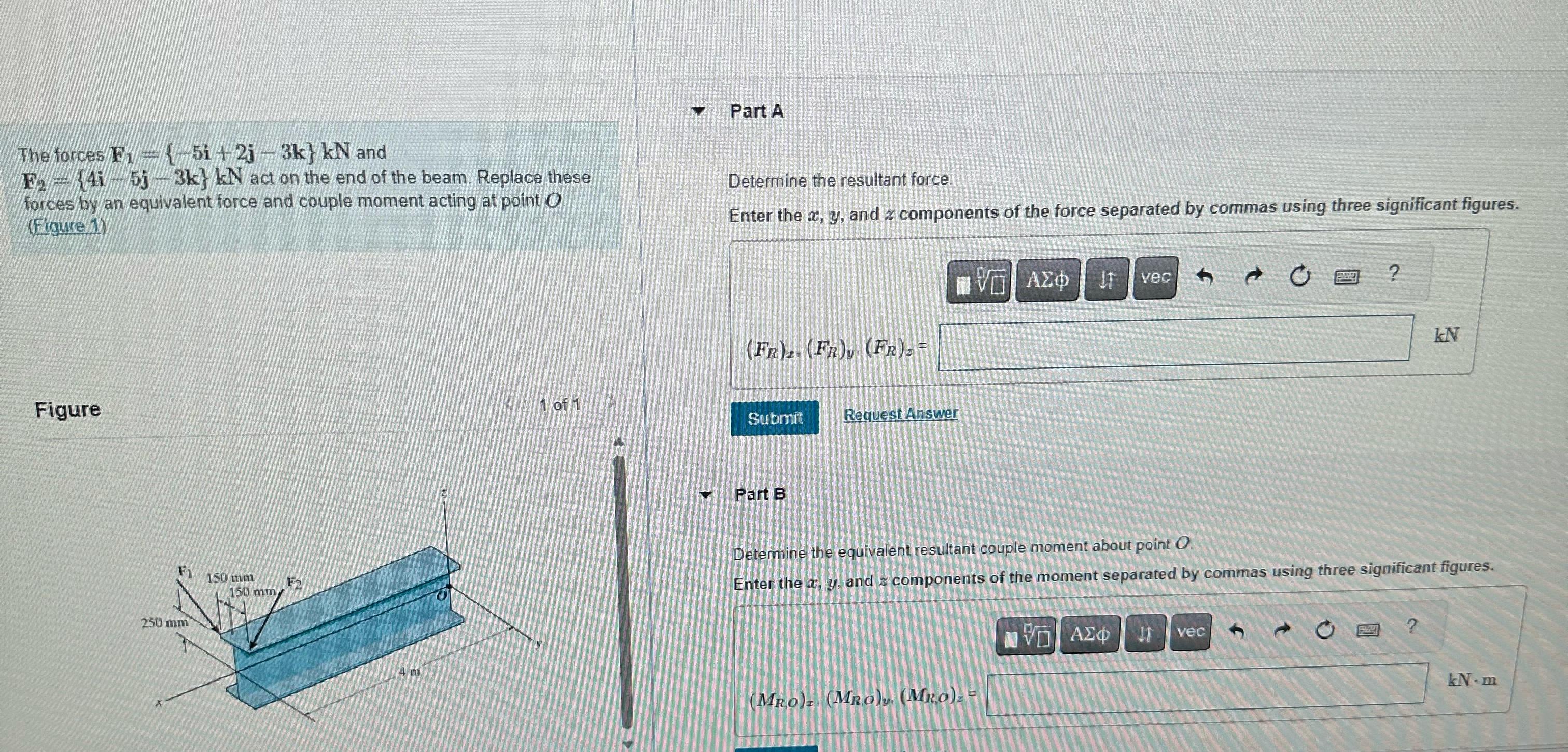 Solved Part AThe Forces F1={-5i+2j-3k}kN ﻿and | Chegg.com