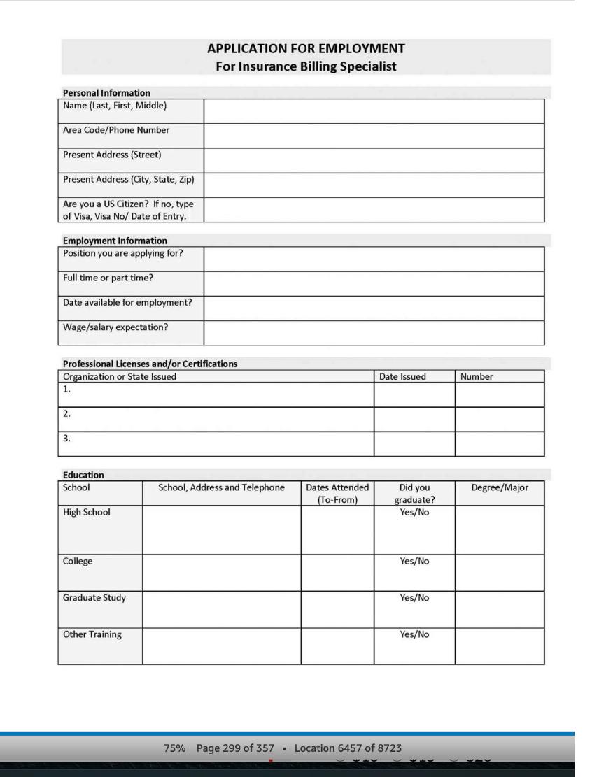 Solved APPLICATION FOR EMPLOYMENTFor Insurance Billing | Chegg.com