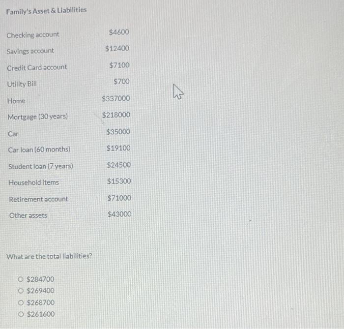Solved Family's Asset & Liabilities Checking account 4600