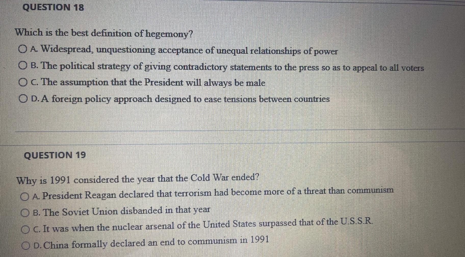 Solved Question 18 Which Is The Best Definition Of Hegemony Chegg Com