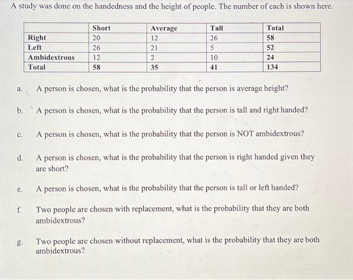 Solved A study was done on the handedness and the height of | Chegg.com