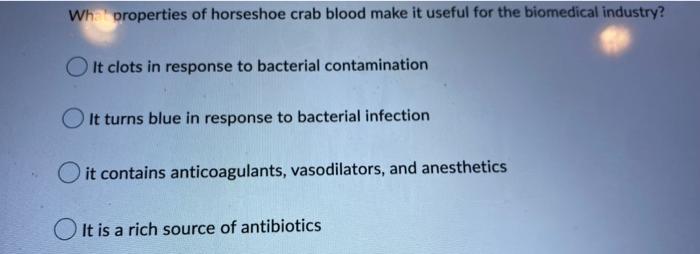 Whi oroperties of horseshoe crab blood make it useful for the biomedical industry?
It clots in response to bacterial contamin