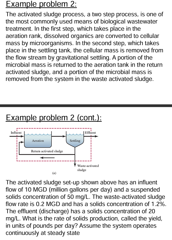 Solved Example problem 2:The activated sludge process, a two | Chegg.com