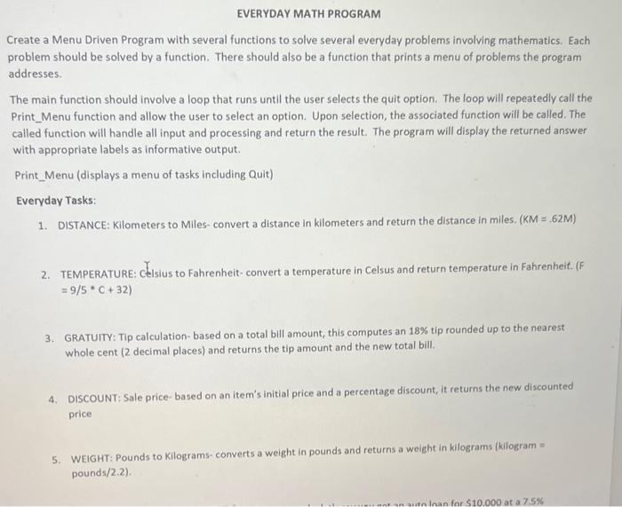 Solved EVERYDAY MATH PROGRAM Create a Menu Driven Program | Chegg.com