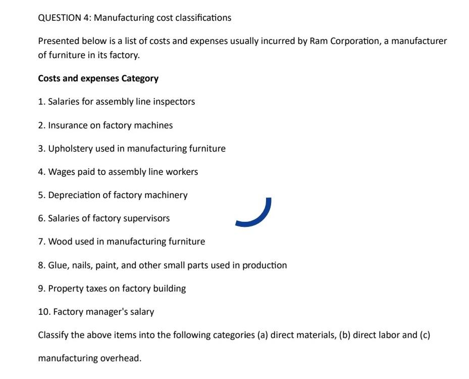Solved QUESTION 4 Manufacturing cost classifications