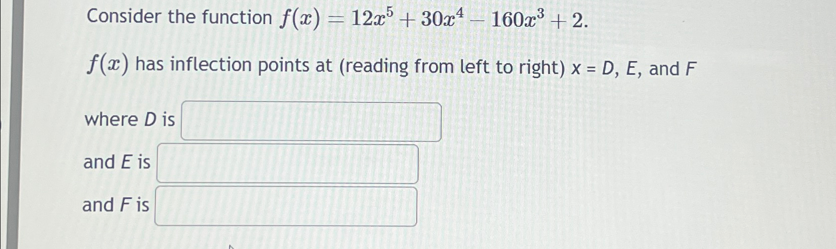 Solved Consider the function f(x)=12x5+30x4-160x3+2.f(x) | Chegg.com