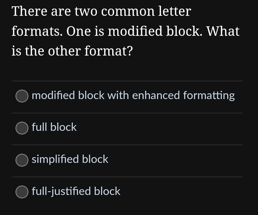 Solved There are two common letter formats. One is modified | Chegg.com
