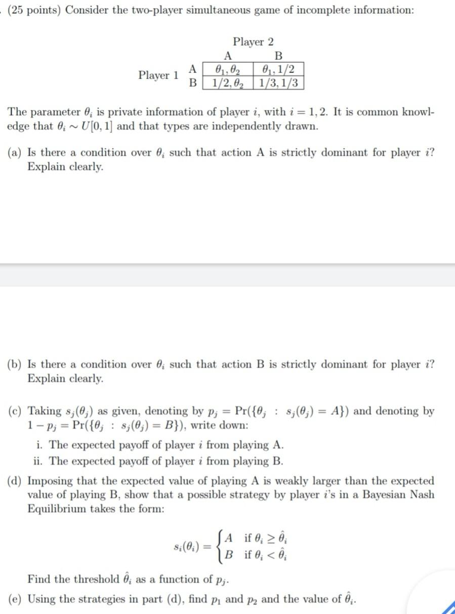 25 Points Consider The Two Player Simultaneous G Chegg Com