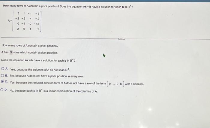 Solved How many rows of A contain a pivot position? Does the | Chegg.com