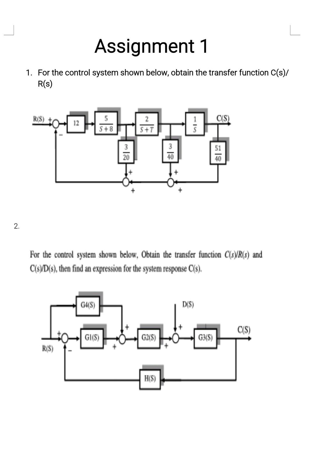 Solved Assignment 1 1. For the control system shown below, | Chegg.com