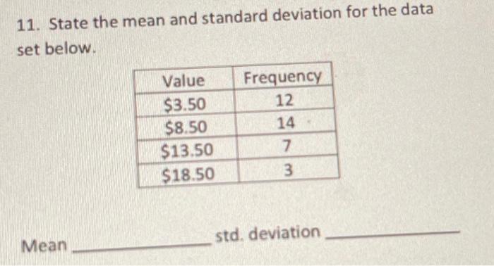 Solved 11. State the mean and standard deviation for the | Chegg.com