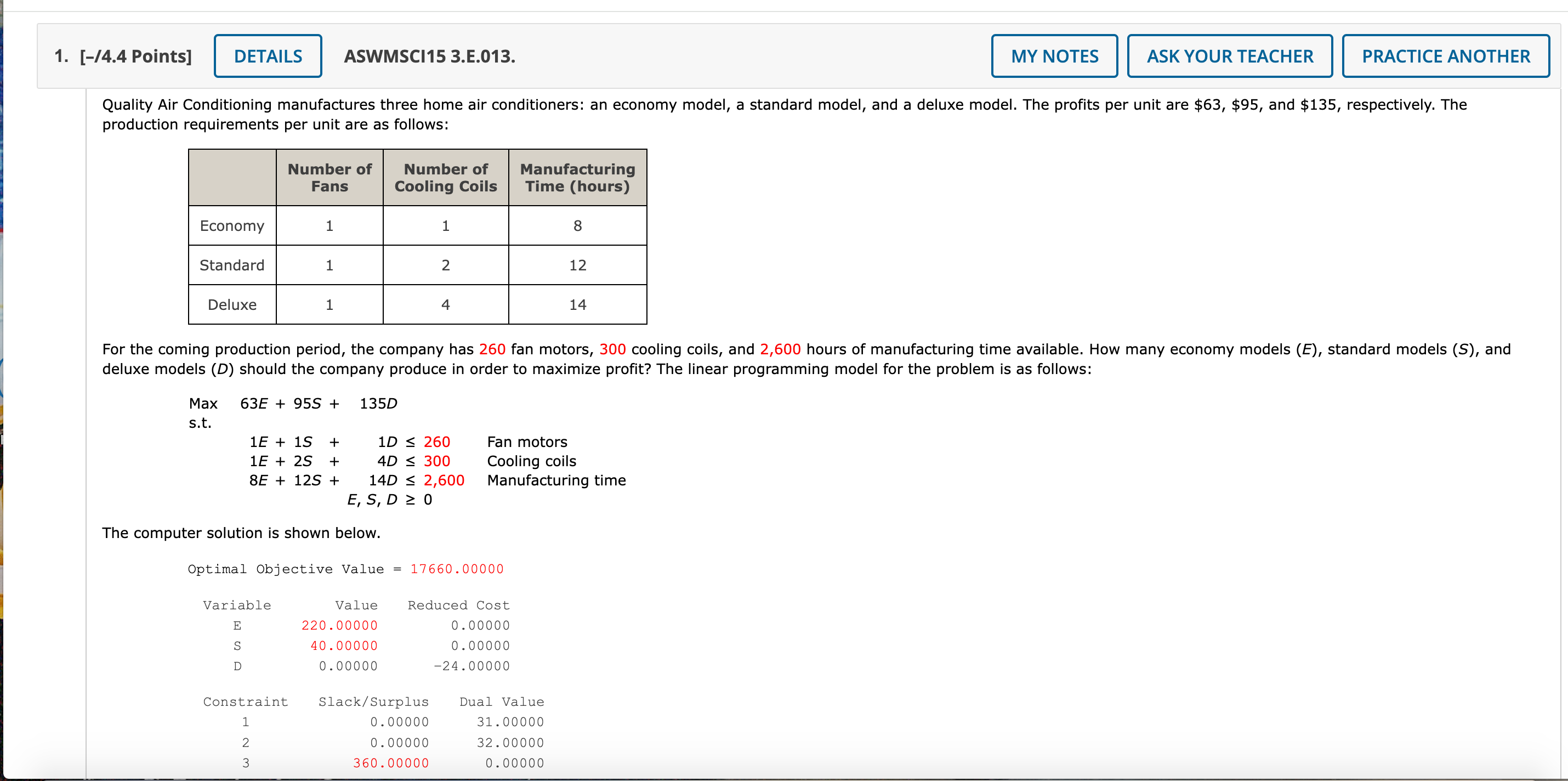 Solved [-/4.4 ﻿Points]ASWMSCI15 3.E.013.production | Chegg.com