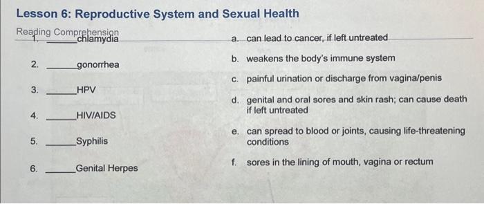 Solved Lesson 6 Reproductive System and Sexual Health Chegg