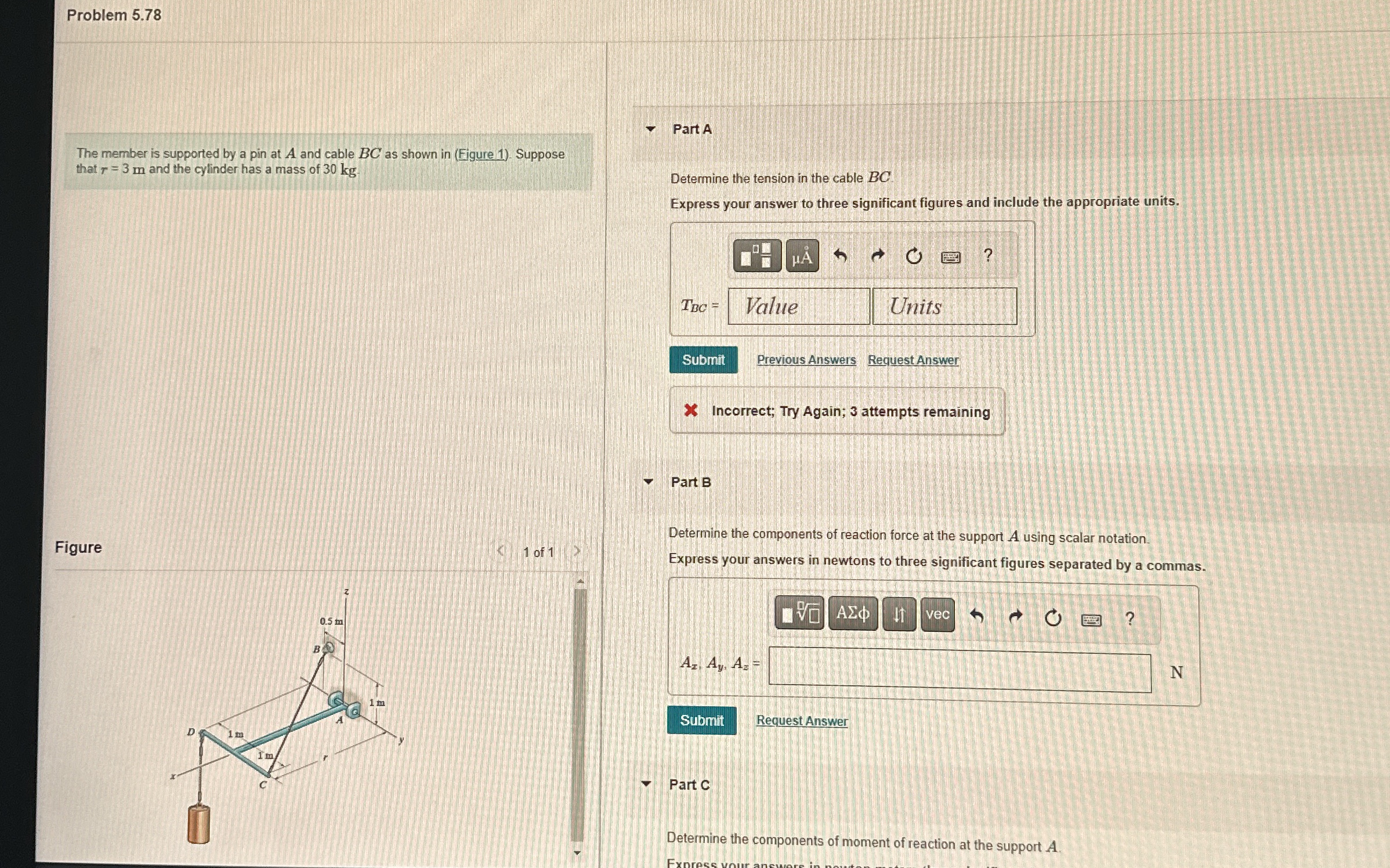 Solved Problem 5.78The member is supported by a pin at A and | Chegg.com